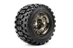 Rythm 1/8 Monster Truck Tires Mounted on Chrome Black Wheels, 0" Offset, 17mm Hex (1 pair)